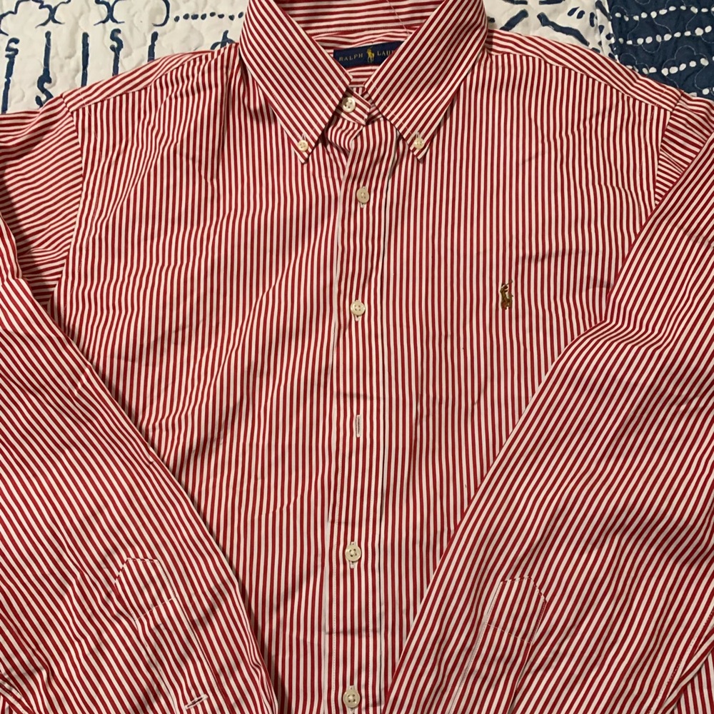 NWT, Ralph Lauren long sleeve red/ white stripped dress shirt